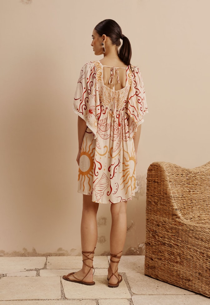 Vestido Curto Detalhe Franja Manga Estampado Marahu