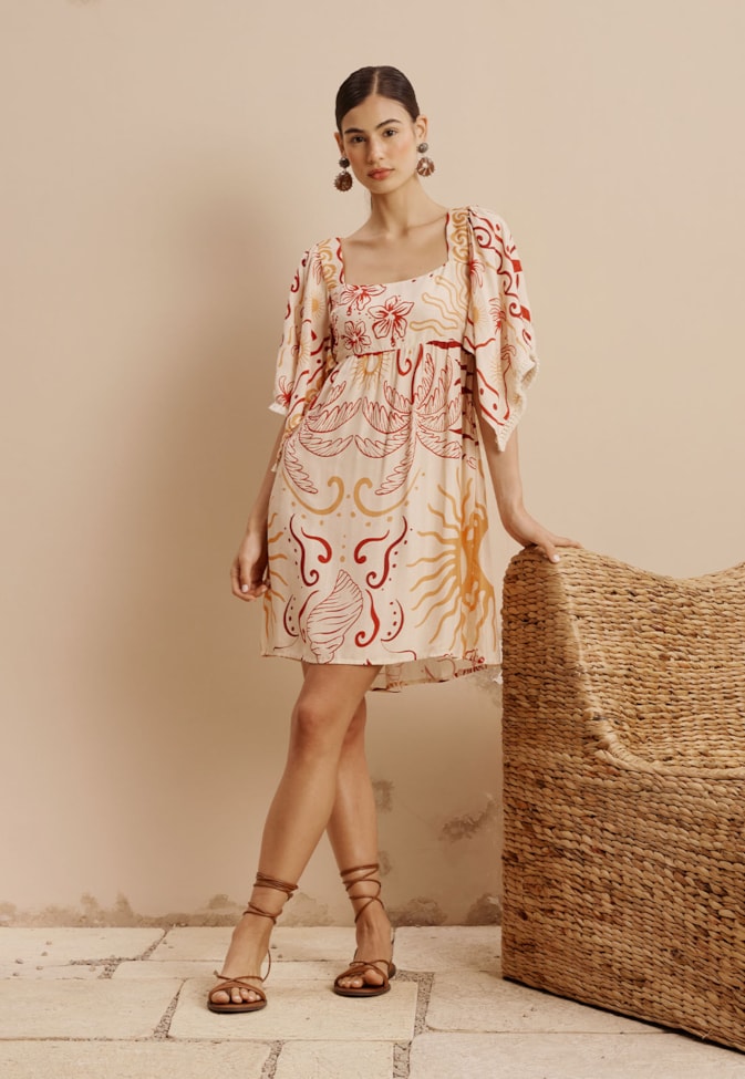 Vestido Curto Detalhe Franja Manga Estampado Marahu