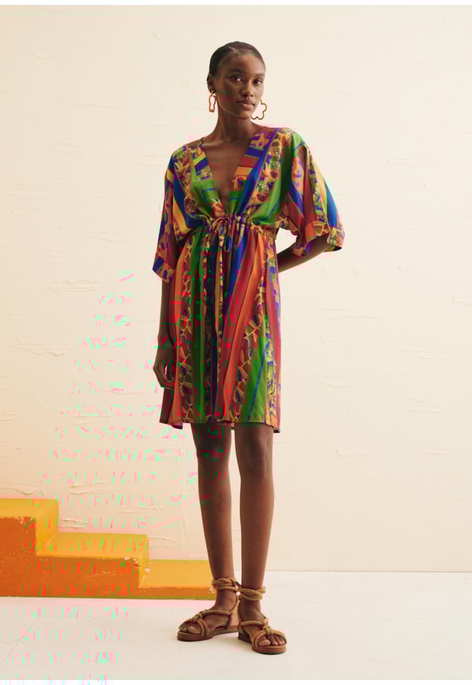 Vestido Curto Detalhe Túnel Estampado Caminito