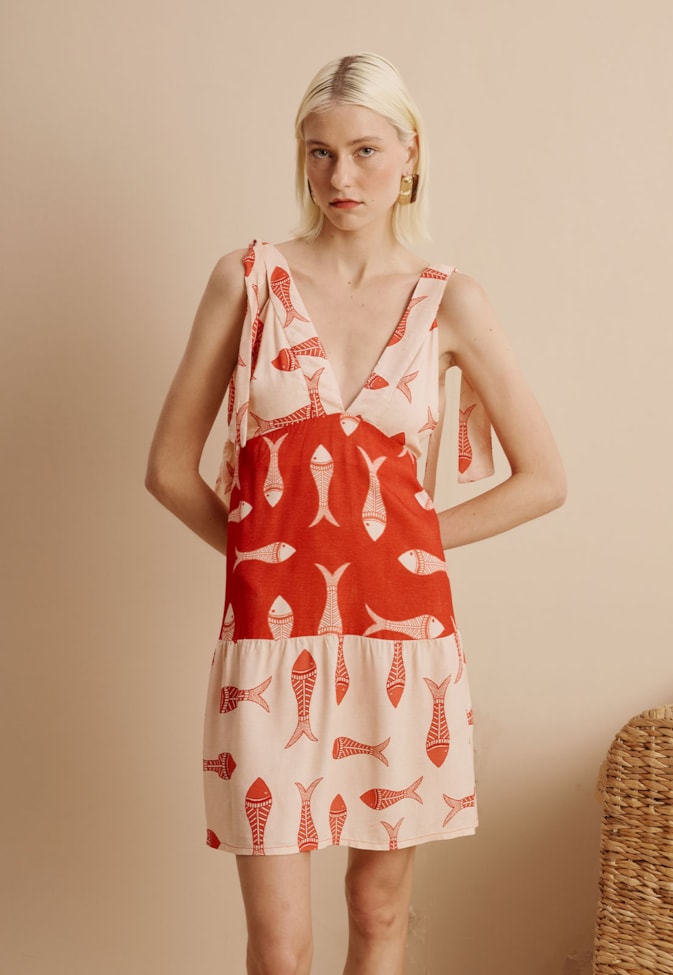 Vestido Curto Laços Ombros Estampado Manzua