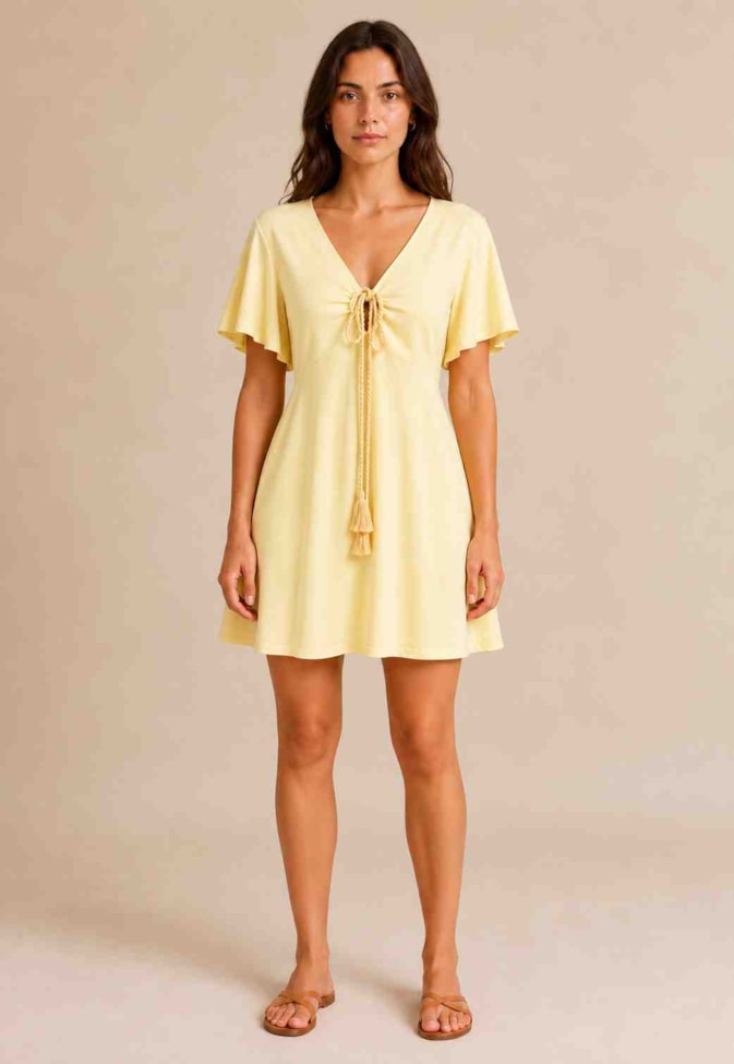 Vestido Curto Liso Mangas Amarração