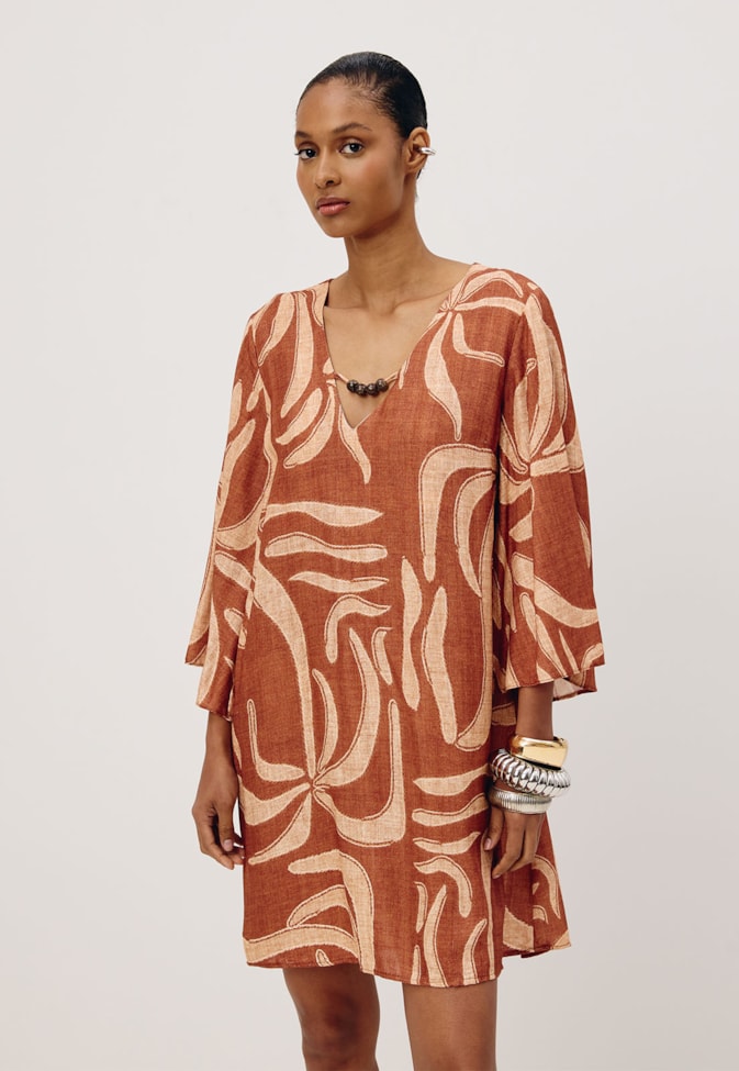 Vestido Curto Manga Aberta Estampado Yucca