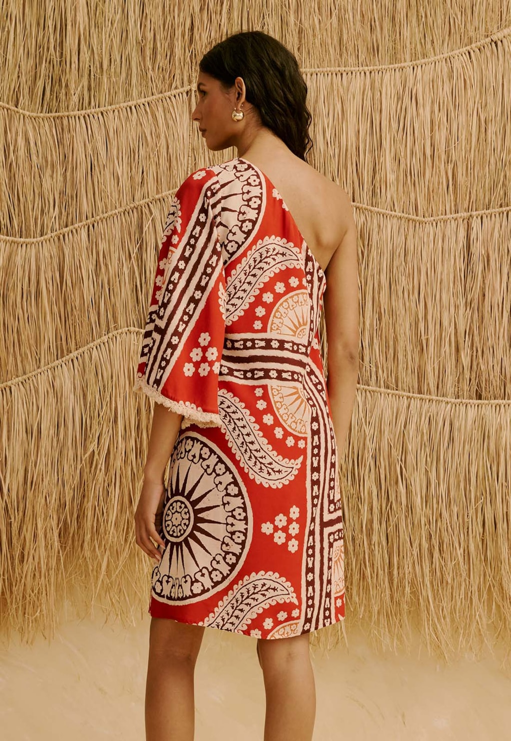 Vestido Curto Manga com Franja Estampado Incaica