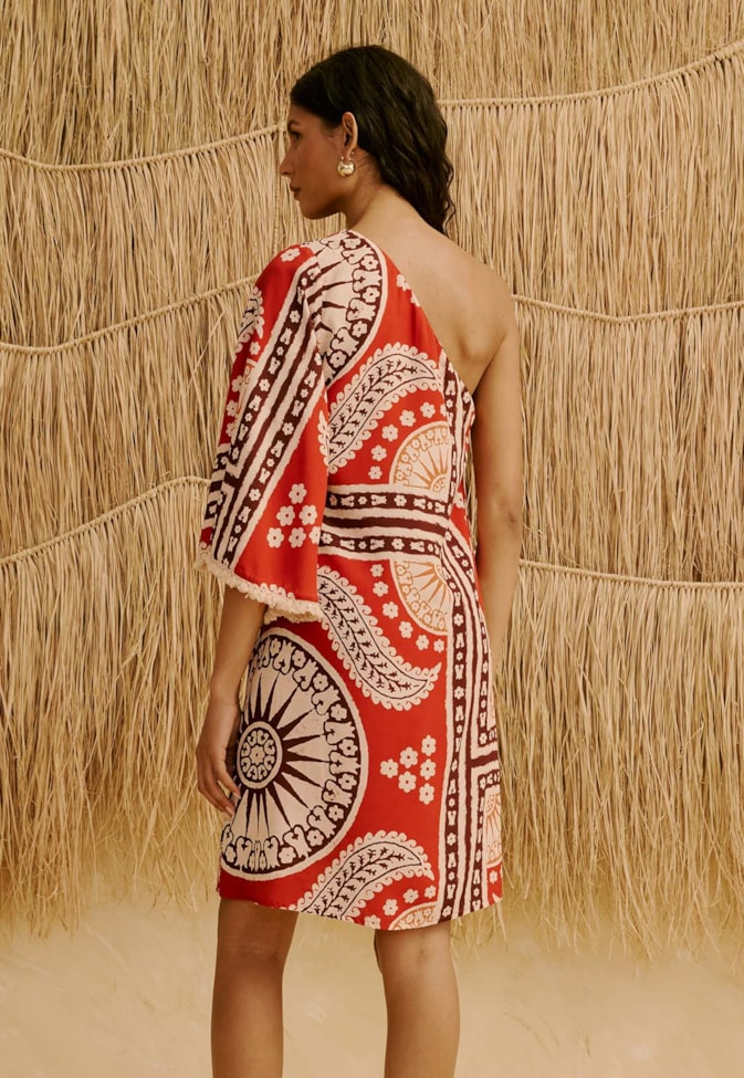 Vestido Curto Manga com Franja Estampado Incaica