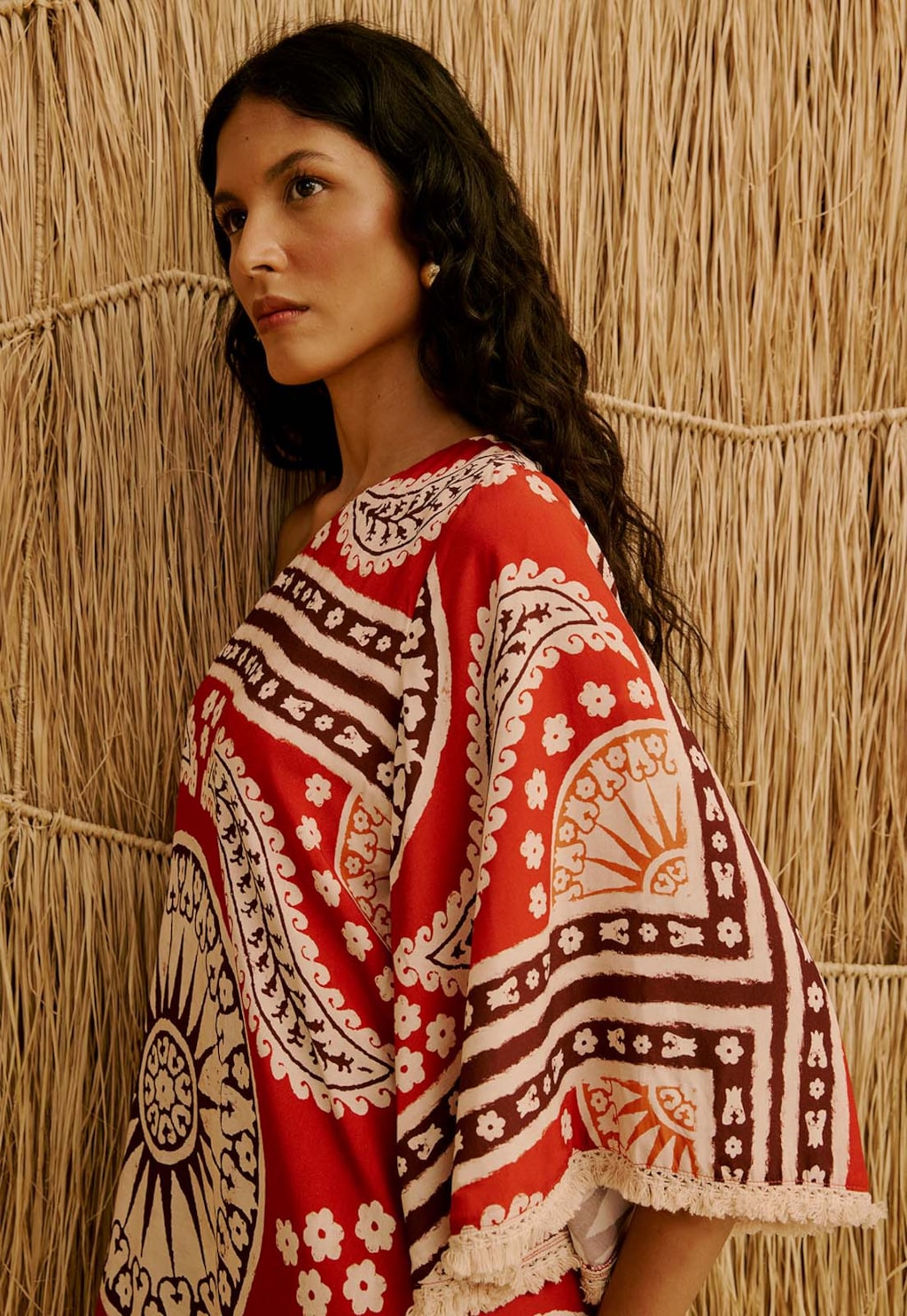 Vestido Curto Manga com Franja Estampado Incaica