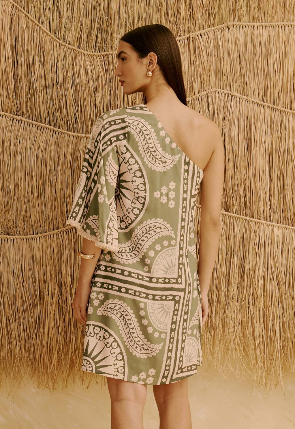 Vestido Curto Manga com Franja Estampado Incaica