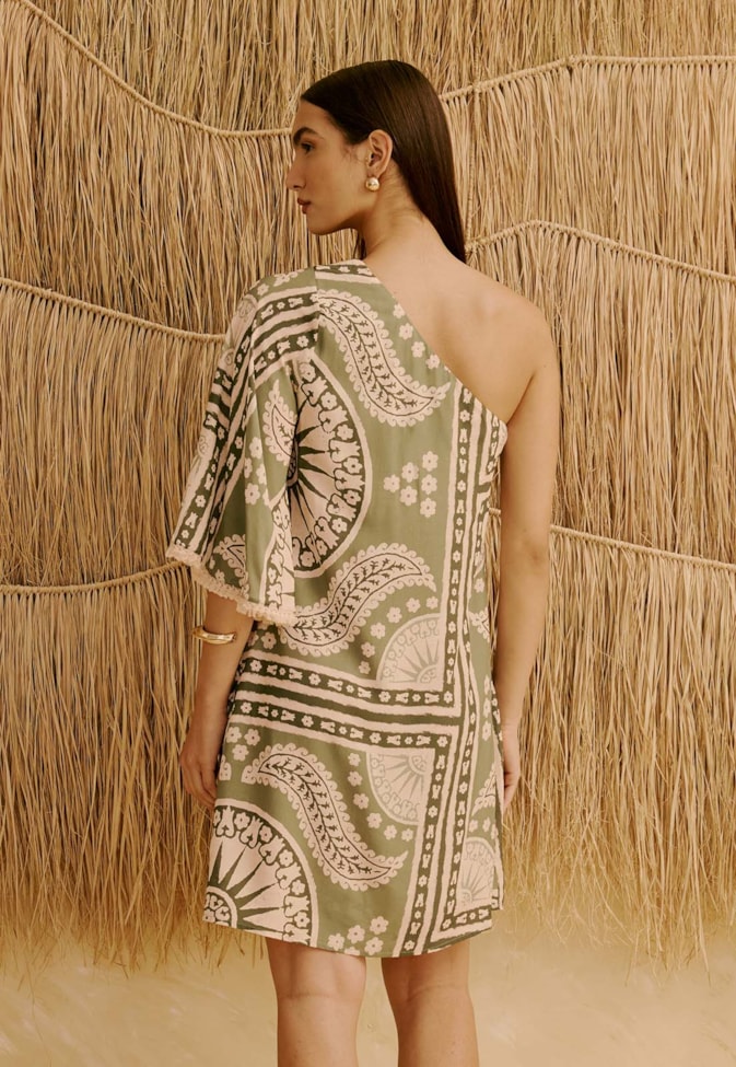 Vestido Curto Manga com Franja Estampado Incaica