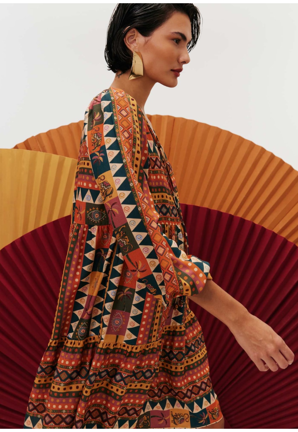 Vestido Curto Manga Comprida Estampado Batucalê