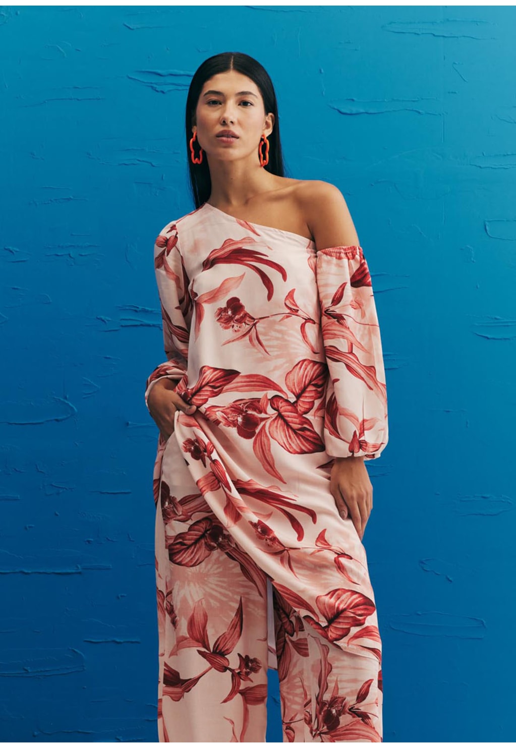 Vestido Curto Manga Removível Estampado Las Orquídeas