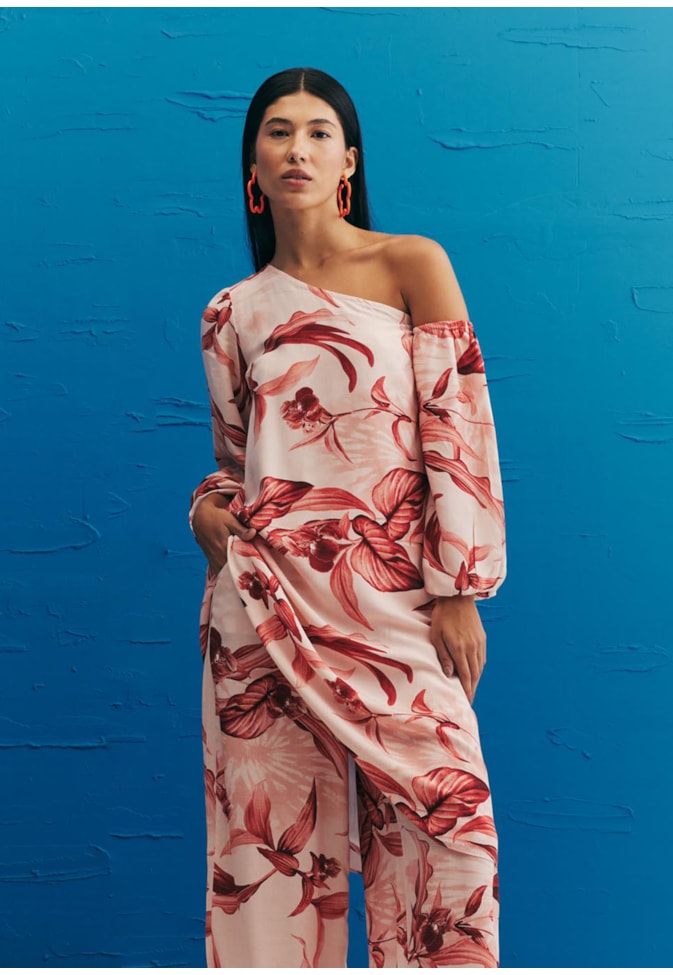 Vestido Curto Manga Removível Estampado Las Orquídeas