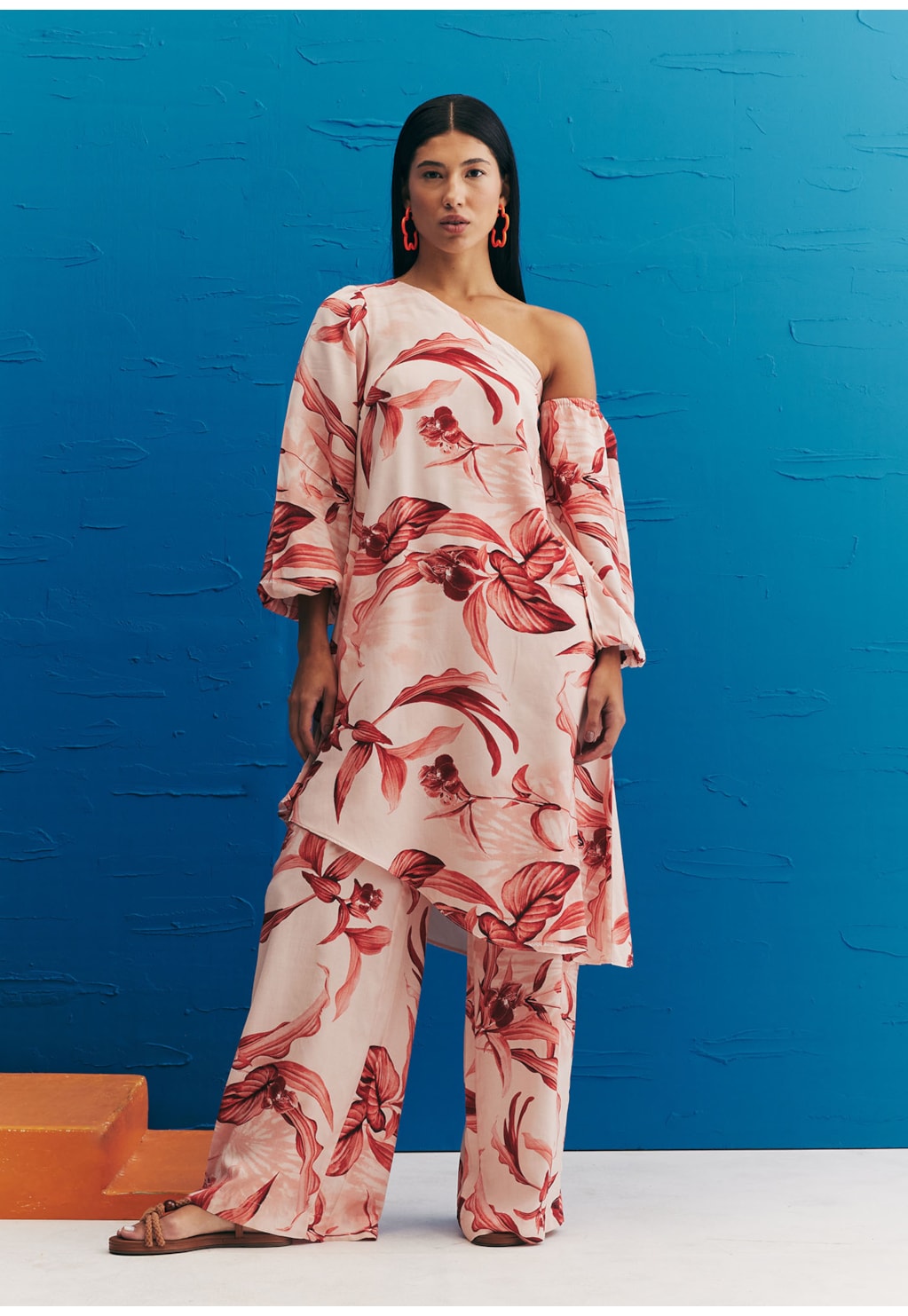 Vestido Curto Manga Removível Estampado Las Orquídeas