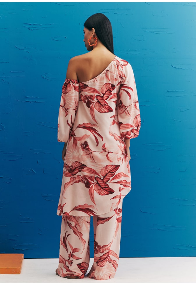 Vestido Curto Manga Removível Estampado Las Orquídeas