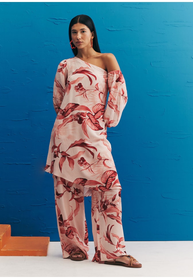 Vestido Curto Manga Removível Estampado Las Orquídeas