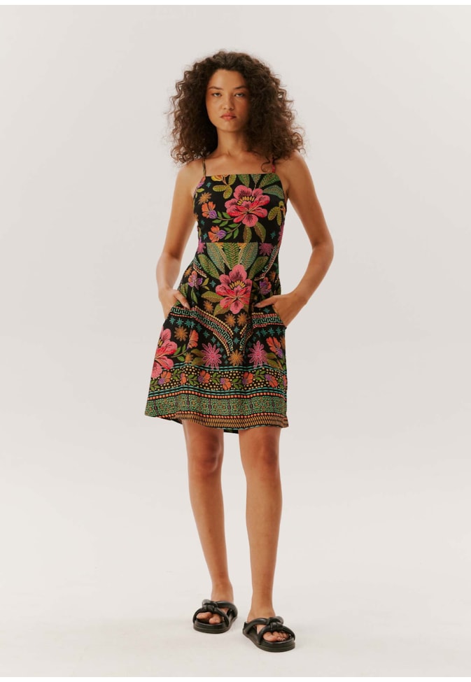 Vestido Curto Pala Elástico Estampado Cuba