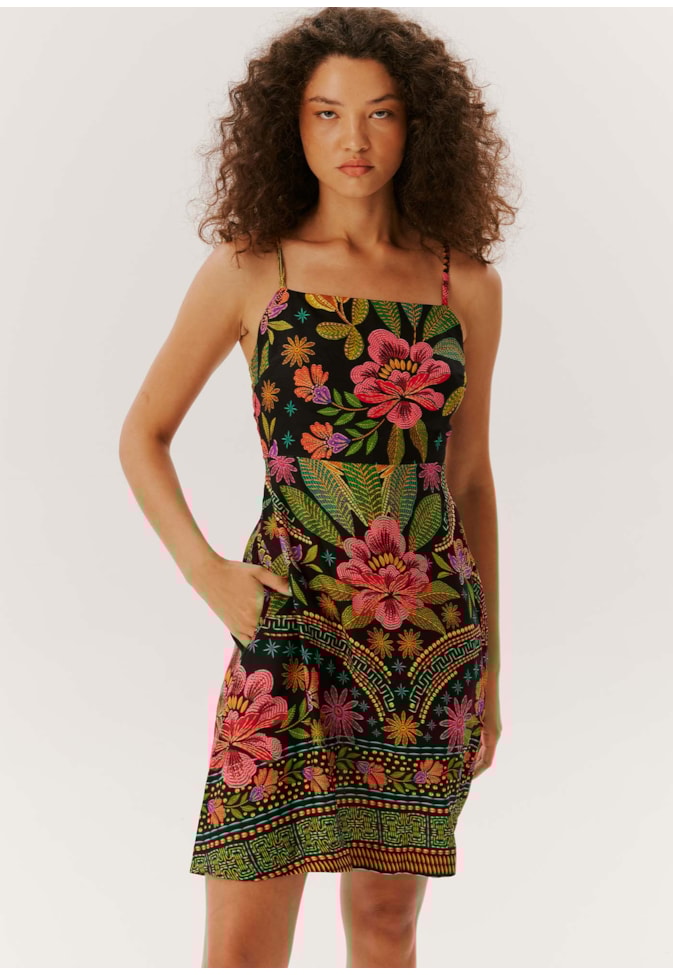 Vestido Curto Pala Elástico Estampado Cuba