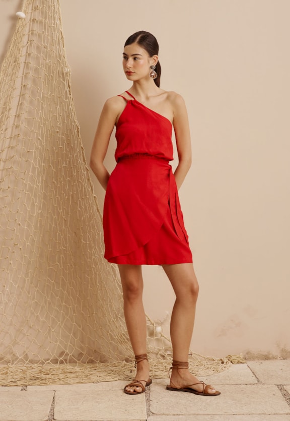 Vestido Curto Transpassado Um Ombro Só Vista Frontal