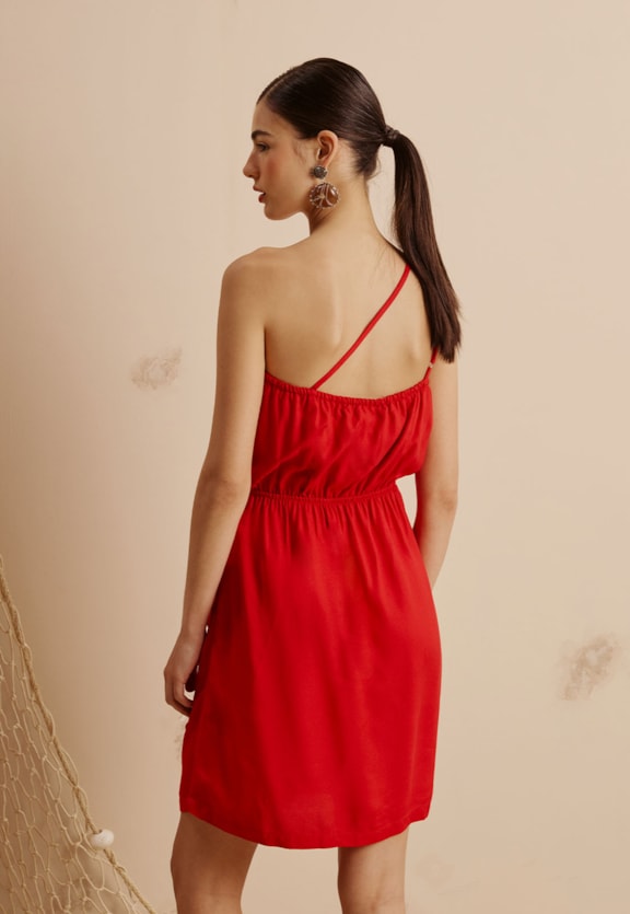 Vestido Curto Transpassado Um Ombro Só Vista Traseira