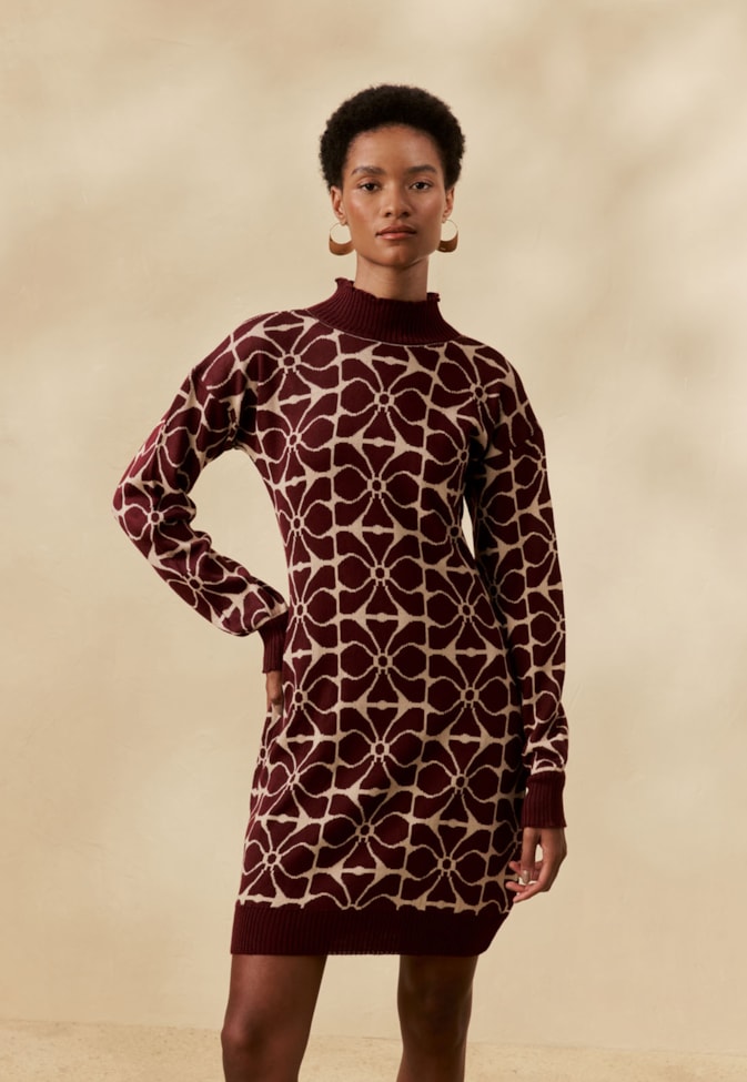 Vestido Curto Tricot Jacquard Estampado Misti