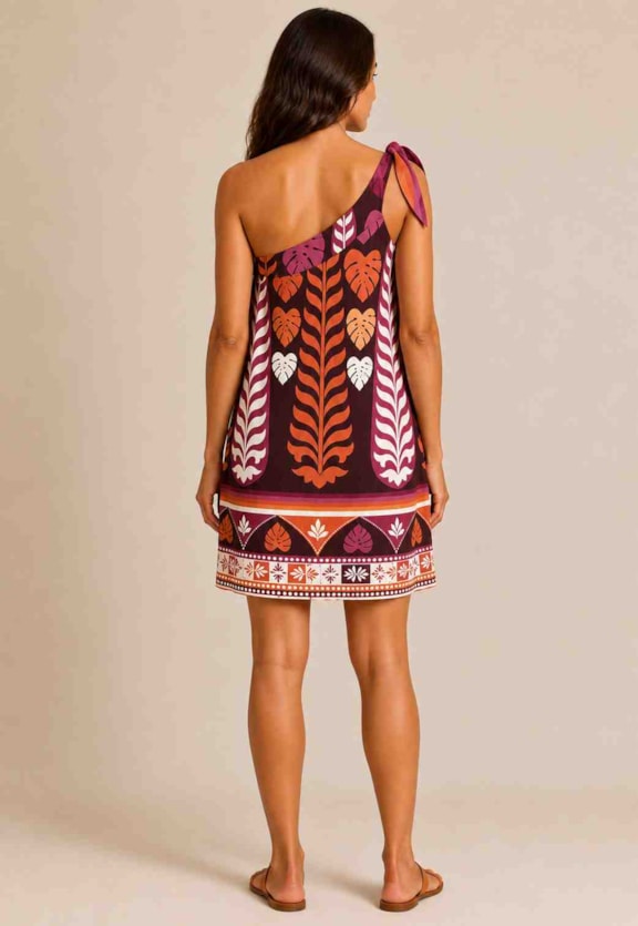 Vestido Curto Um Ombro Só Estampado  Vista Traseira