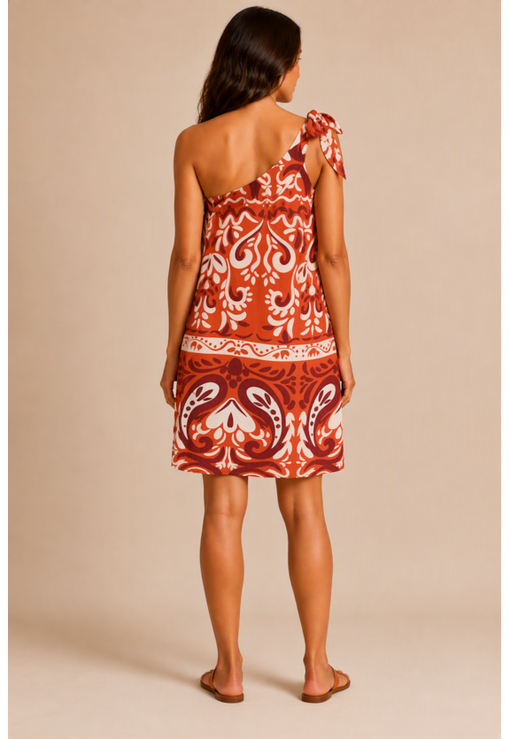Vestido Curto Um Ombro Só Estampado  Vista Traseira