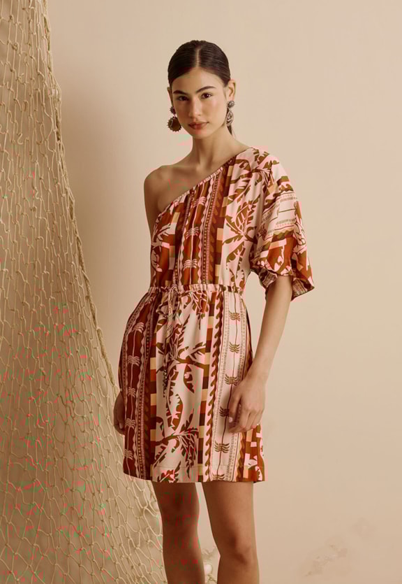 Vestido Curto Um Ombro Só Túnel Estampado Uruará Vista Frontal