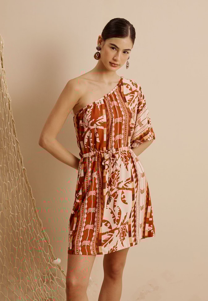 Vestido Curto Um Ombro Só Túnel Estampado Uruará