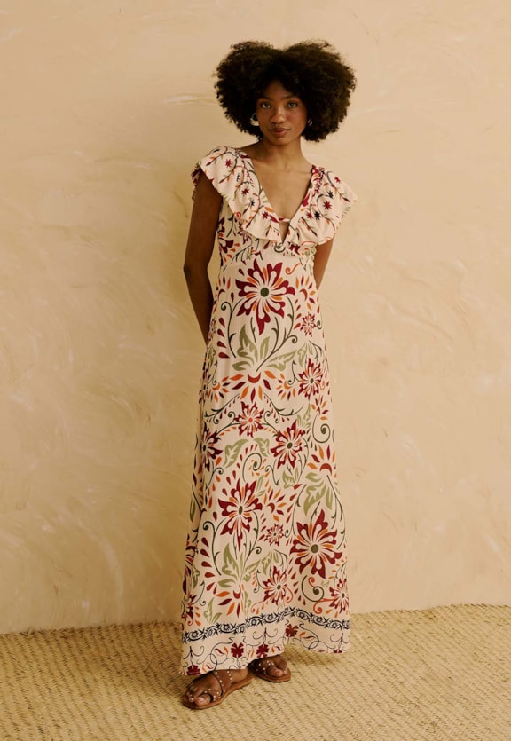 Vestido Decote com Babado Estampado Flor de Mashua Vista Frontal