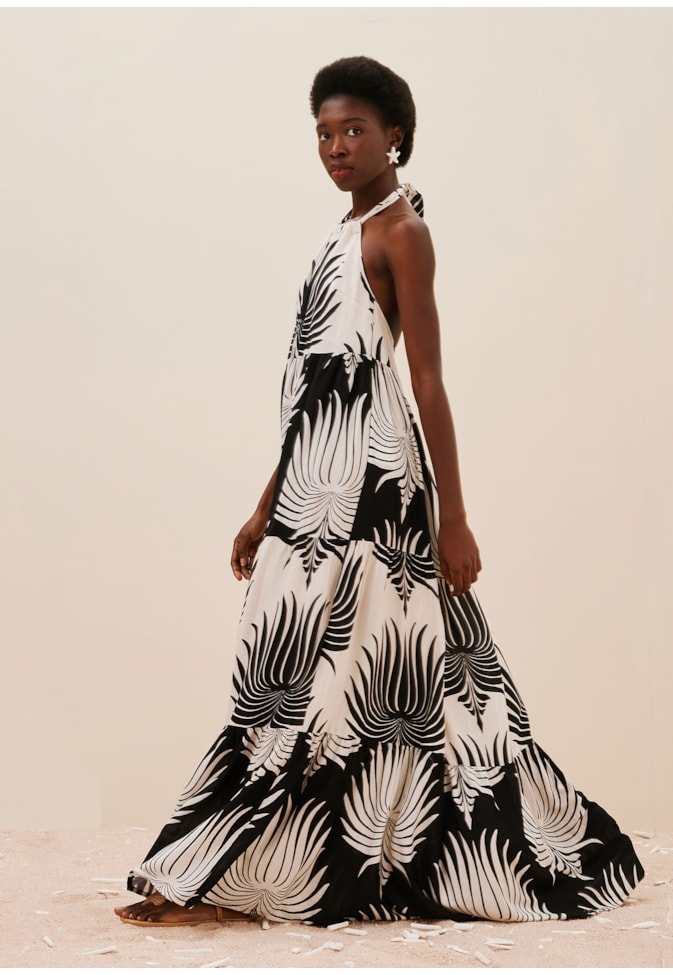 Vestido Decote Costas Profundo Estampado Leques