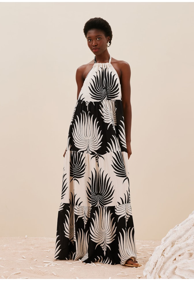 Vestido Decote Costas Profundo Estampado Leques