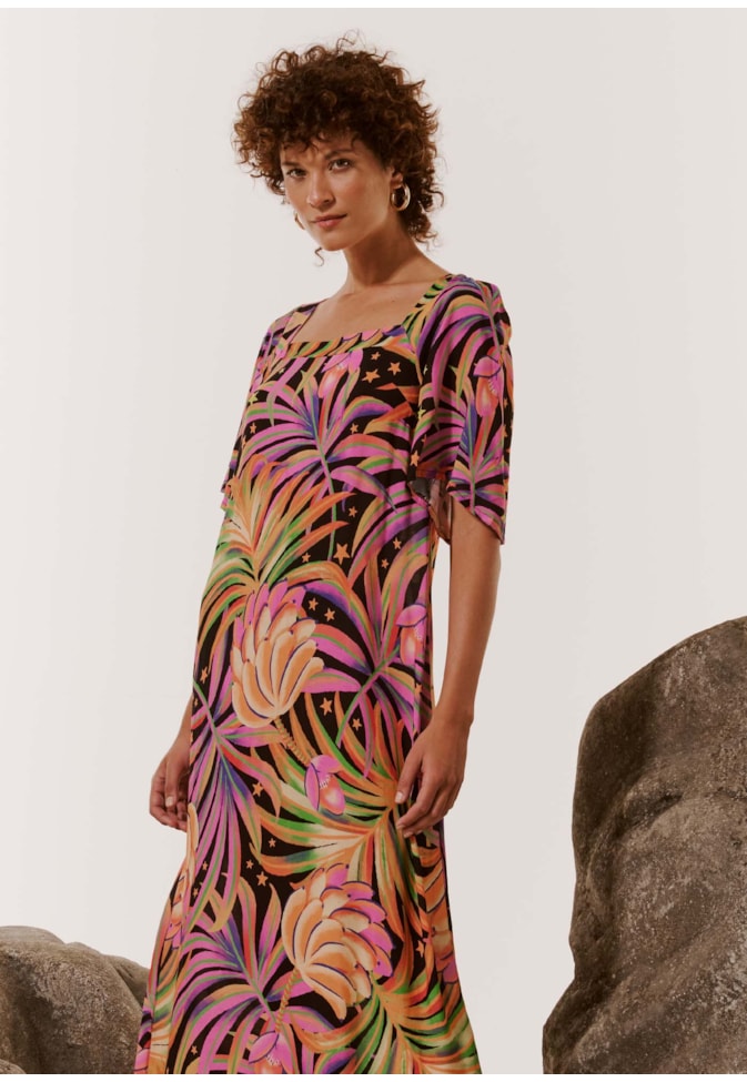 Vestido Decote Quadrado Estampado Lobeira