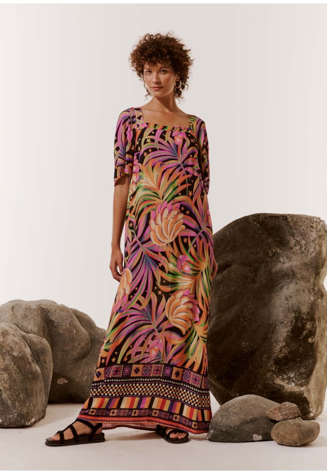 Vestido Decote Quadrado Estampado Lobeira