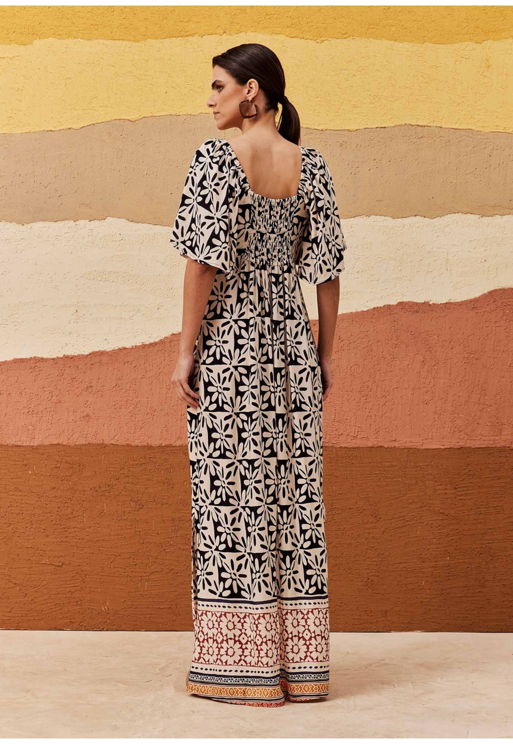 Vestido Decote Reto Manga Bufante Estampado Salta