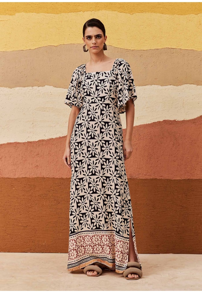 Vestido Decote Reto Manga Bufante Estampado Salta