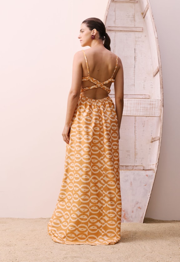 Vestido Elástico Cruzado Estampado Kakawa Vista Traseira