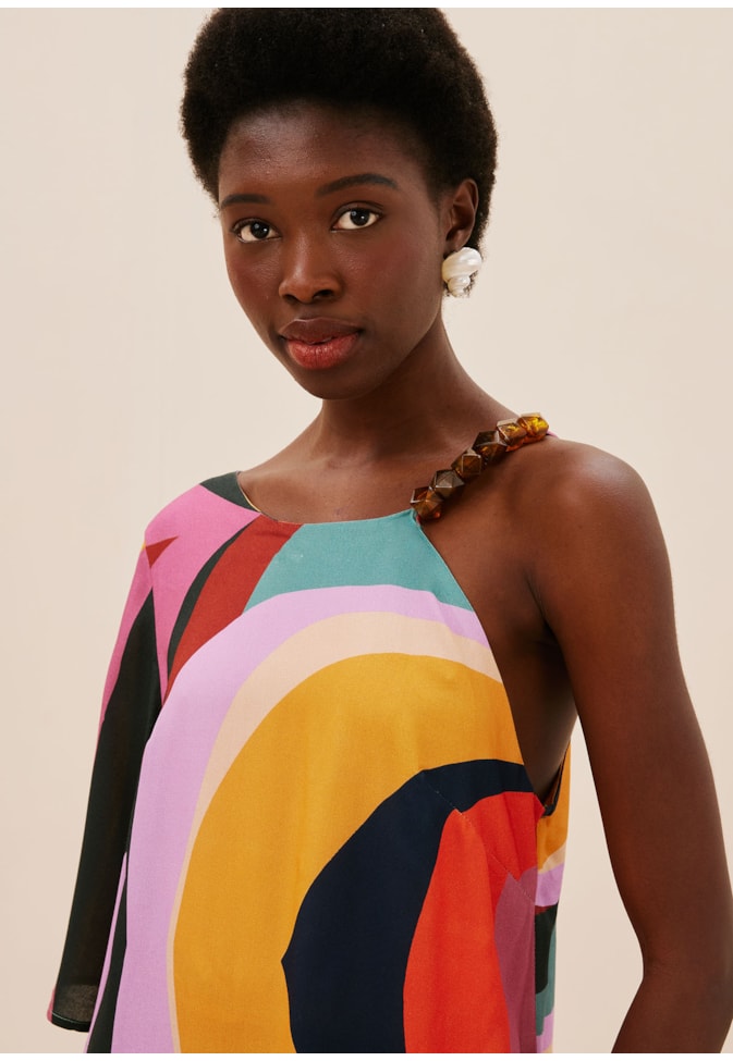 Vestido Longo 1 Alça c/ Contas Estampado Marés