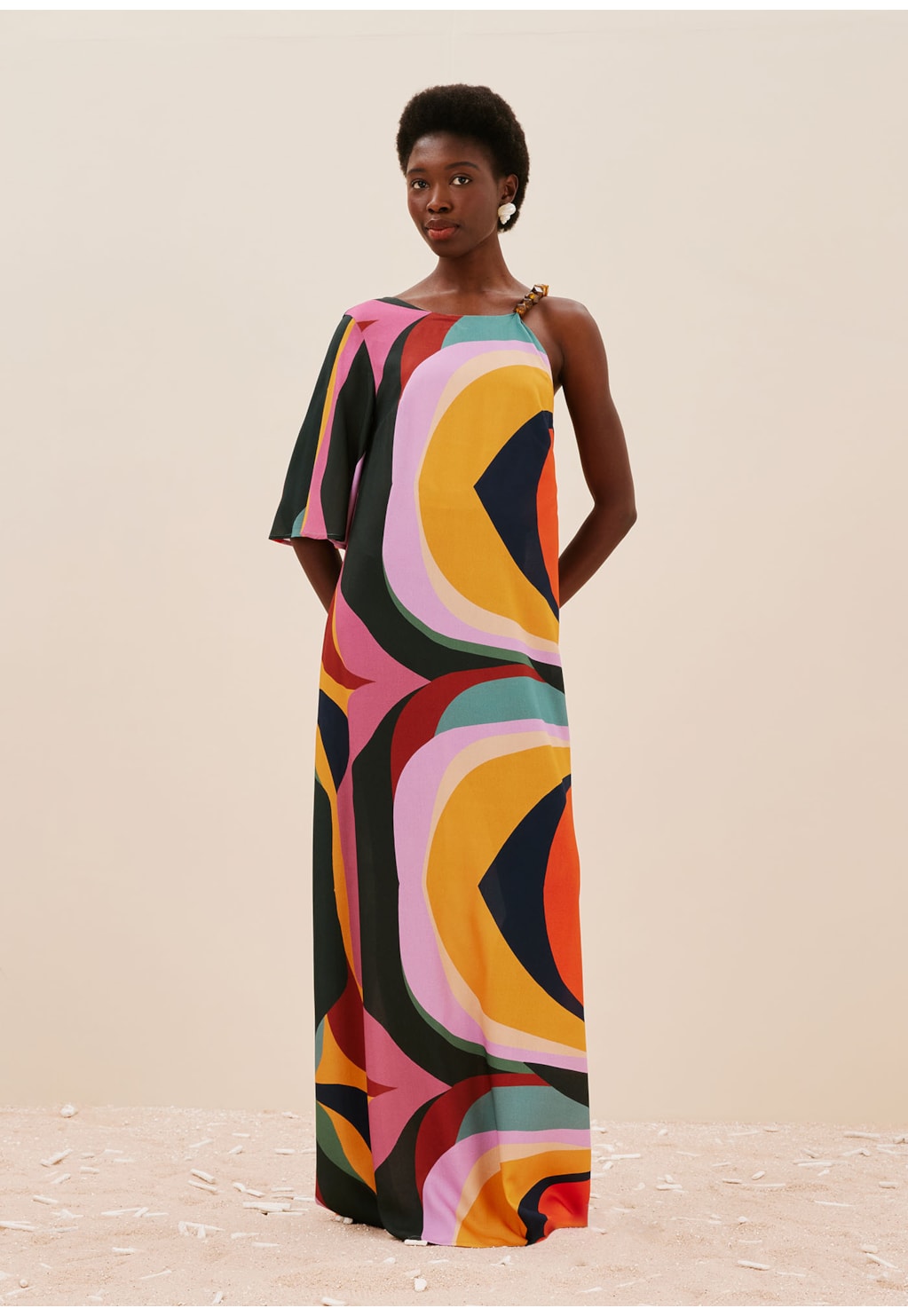 Vestido Longo 1 Alça c/ Contas Estampado Marés