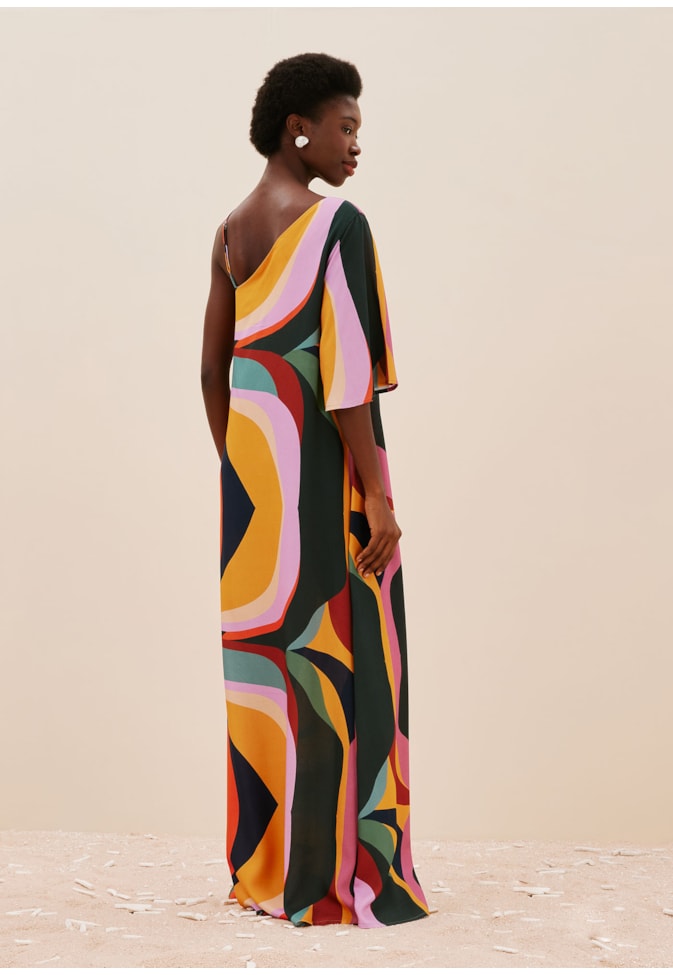 Vestido Longo 1 Alça c/ Contas Estampado Marés