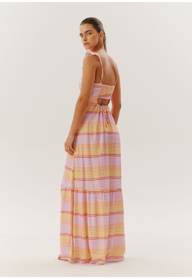 Vestido Longo Alça Babadinho Estampado Quito