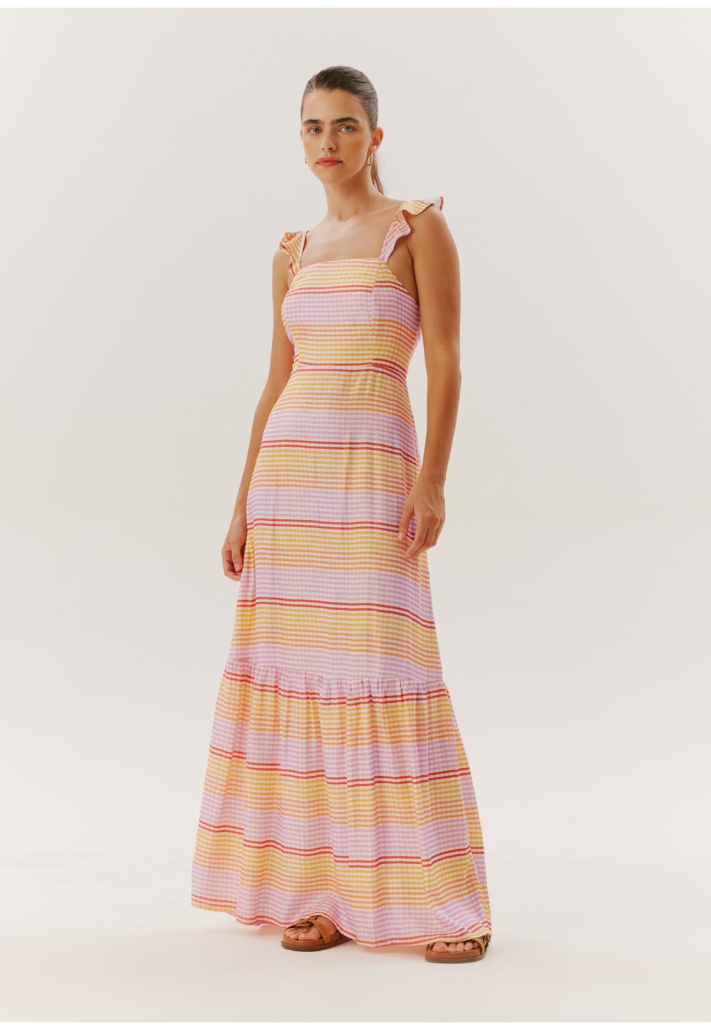 Vestido Longo Alça Babadinho Estampado Quito