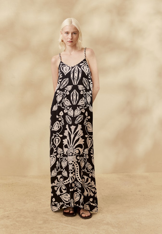 Vestido Longo Alça Bicolor Estampado Cacau Rei