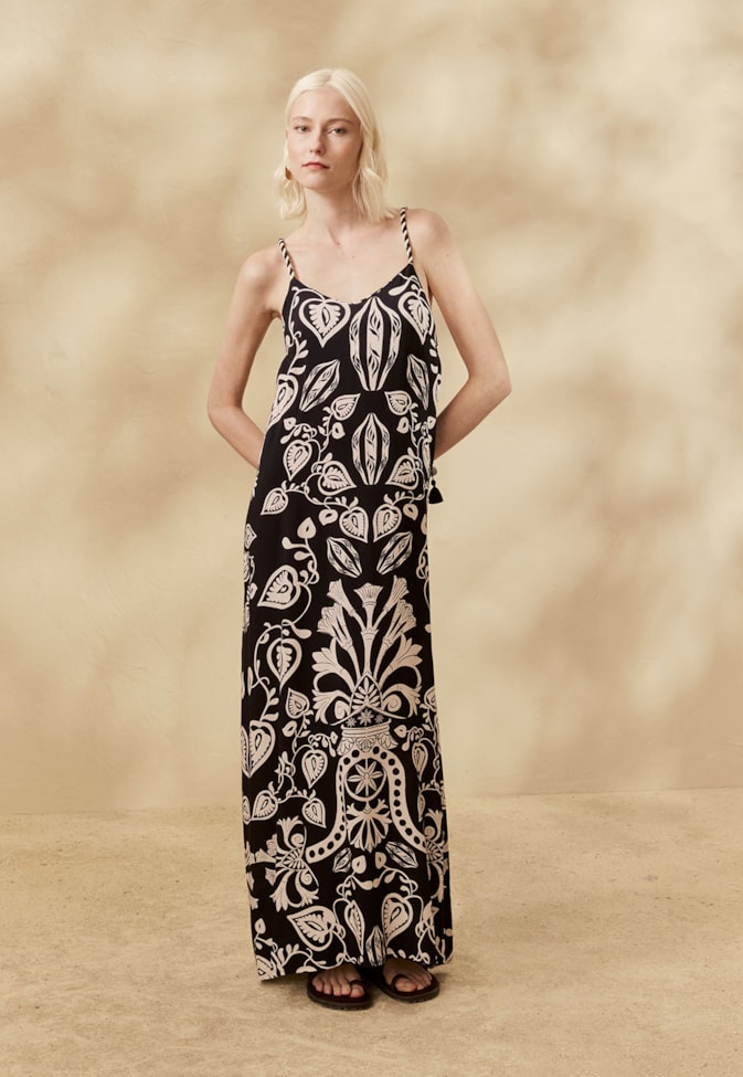 Vestido Longo Alça Bicolor Estampado Cacau Rei