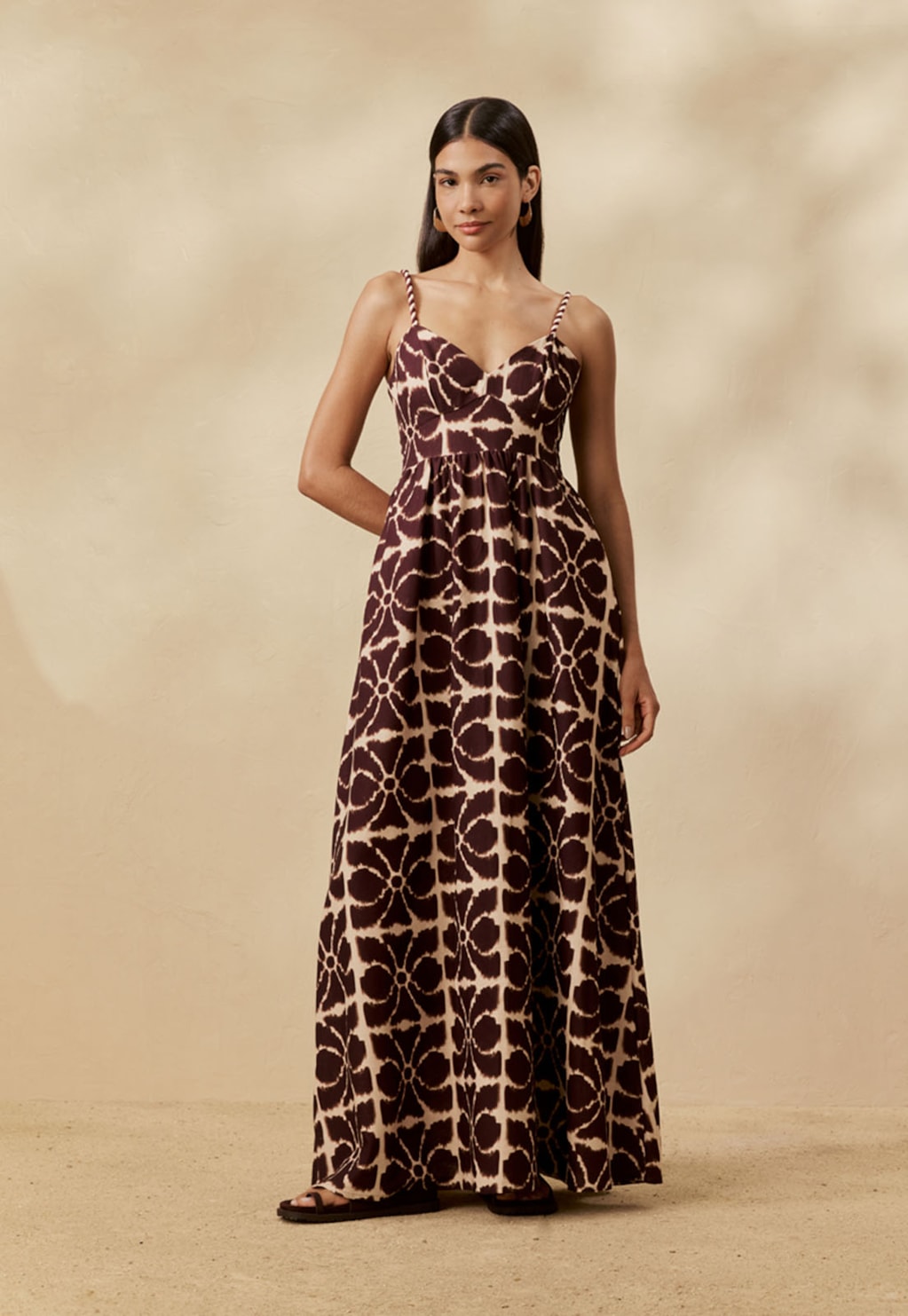 Vestido Longo Alça Bicolor Estampado Misti
