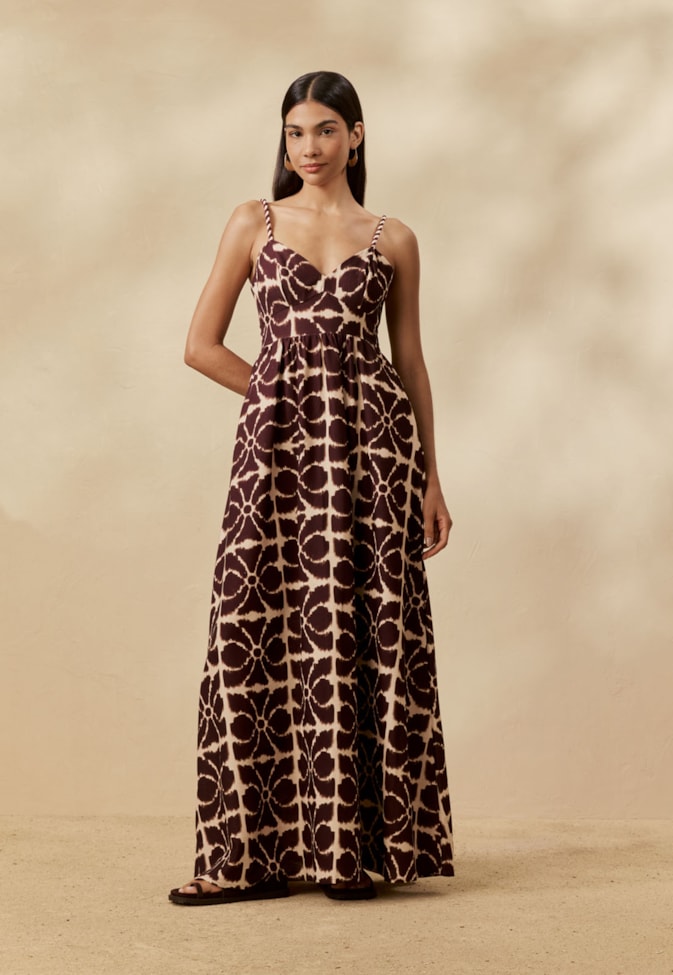 Vestido Longo Alça Bicolor Estampado Misti