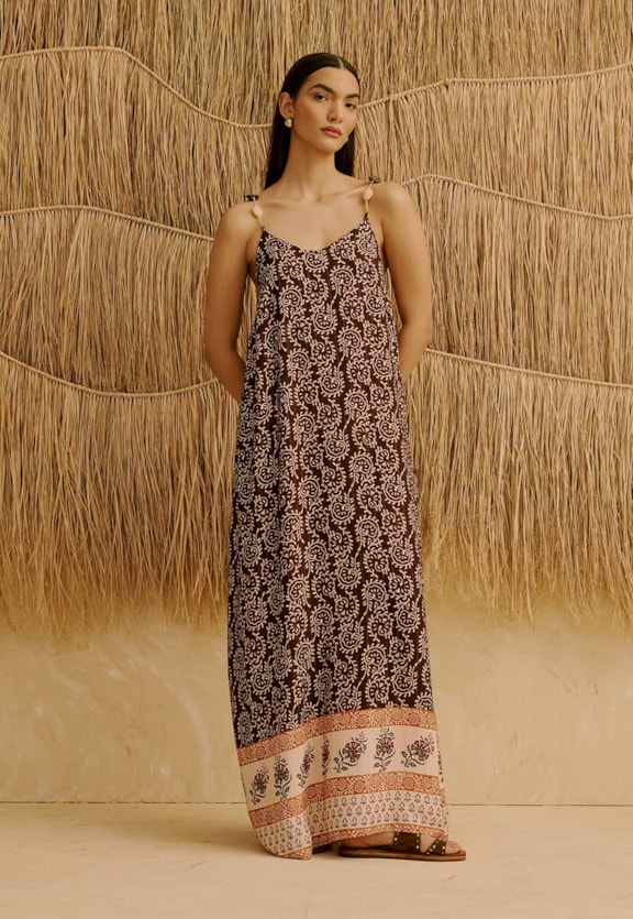 Vestido Longo Alça com Pedras Estampado Kala Vista Frontal