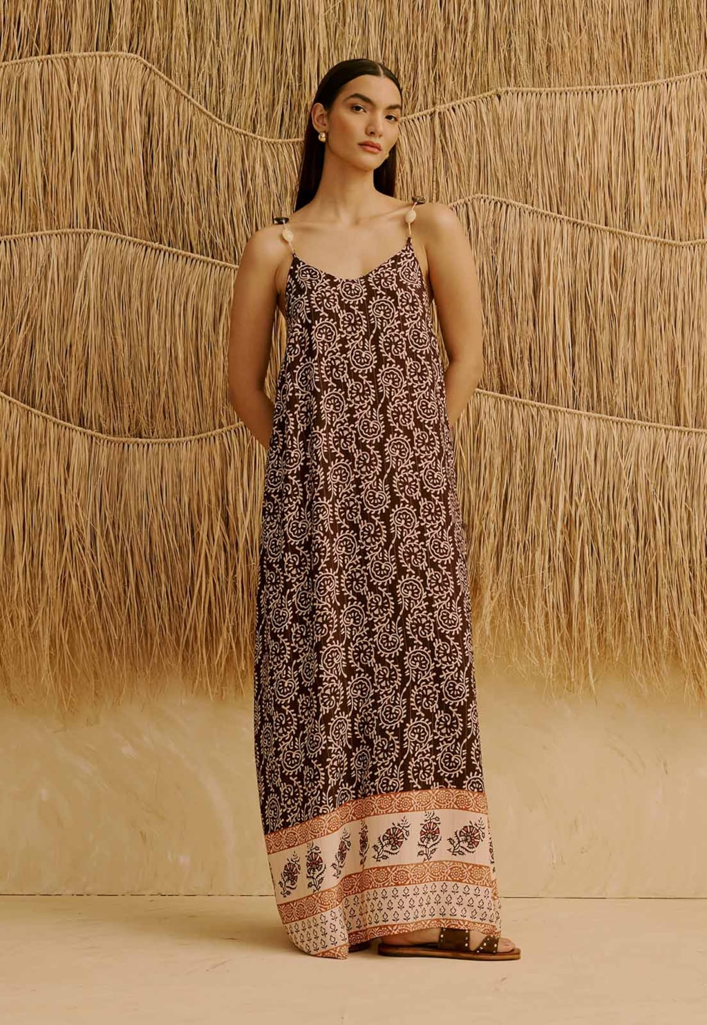 Vestido Longo Alça com Pedras Estampado Kala