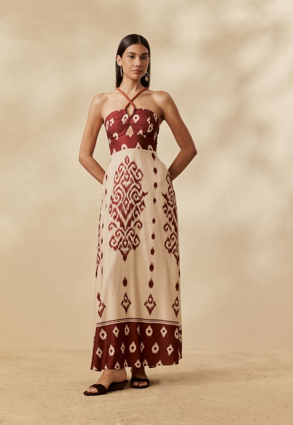 Vestido Longo Alça Corda Estampado La Pacha Vista Frontal