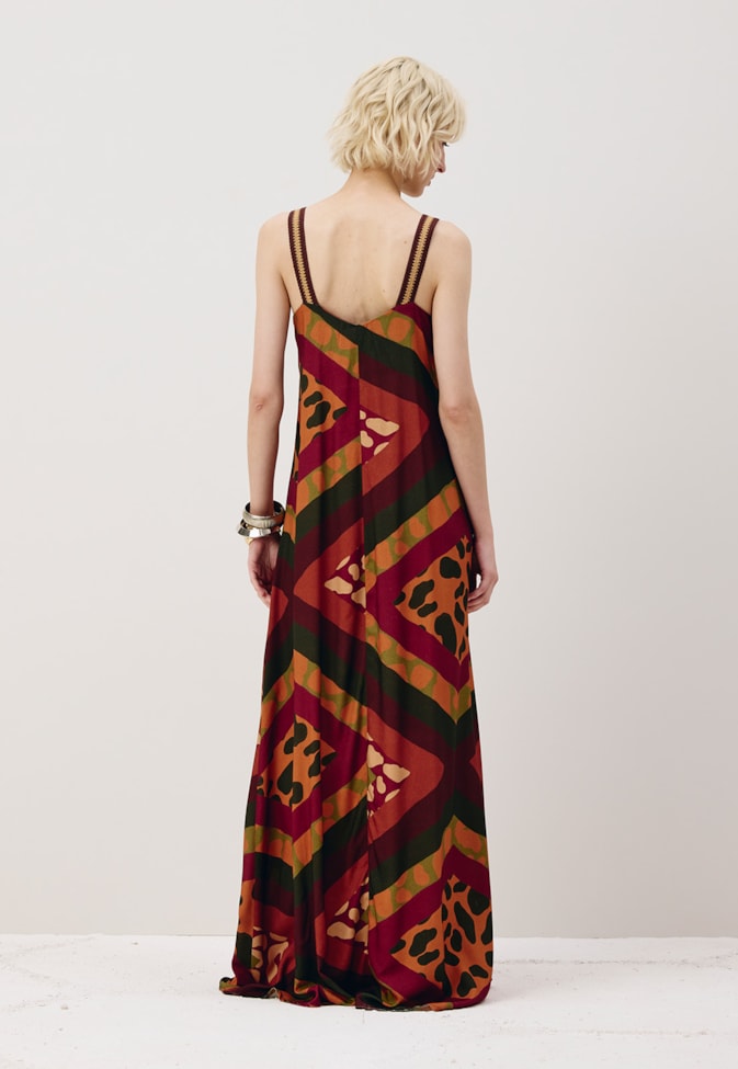 Vestido Longo Alça Crochê Estampado Leon