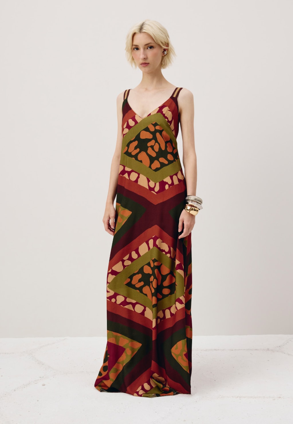 Vestido Longo Alça Crochê Estampado Leon