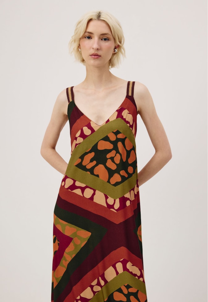 Vestido Longo Alça Crochê Estampado Leon