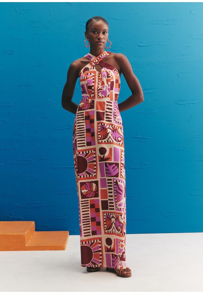 Vestido Longo Alça Cruzado Estampado Vila Hermosa